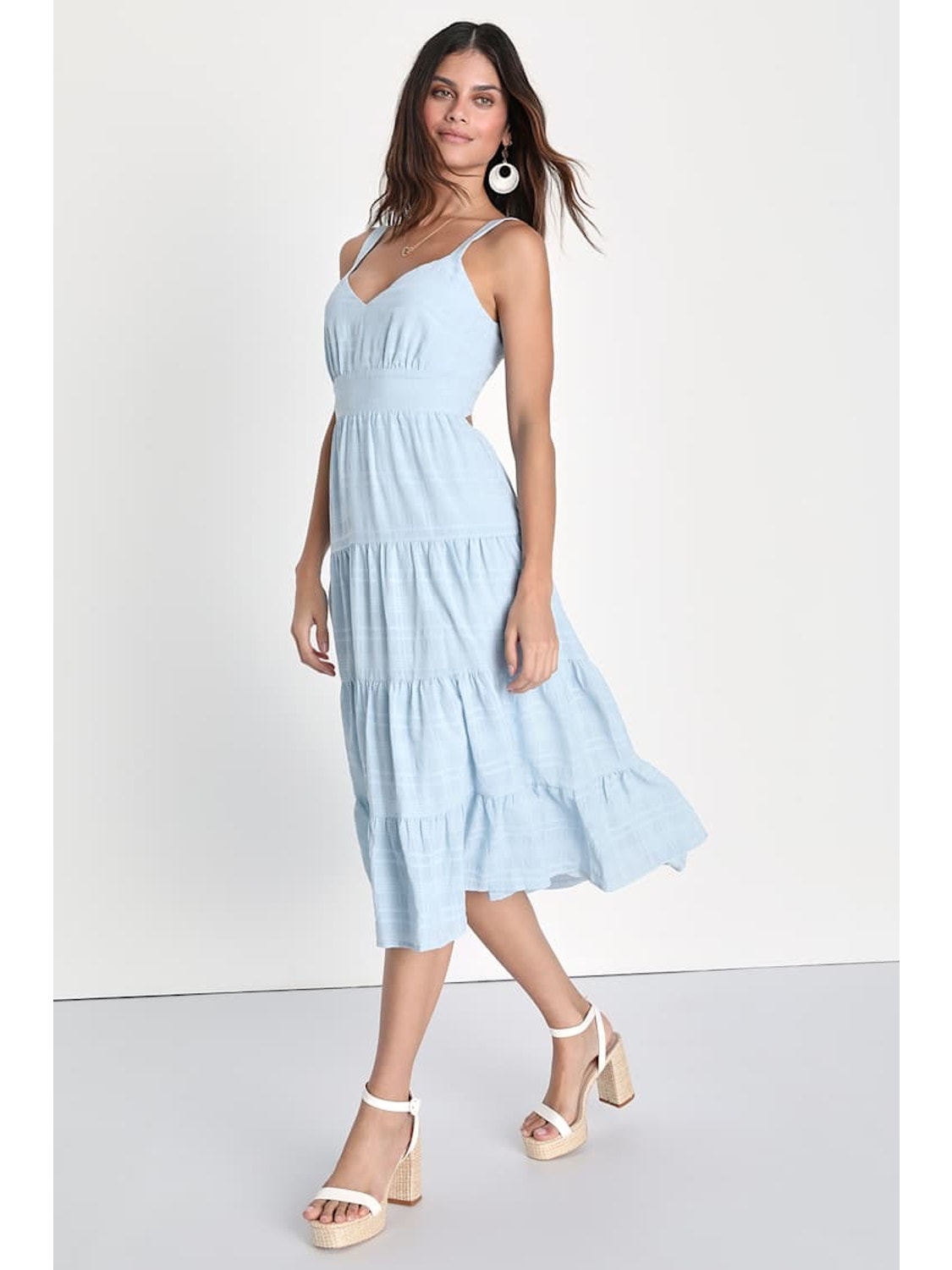 Nwt Lulus Freest Feelings Light Blue Plaid Tiered Tie-Back Midi Dress Resort S